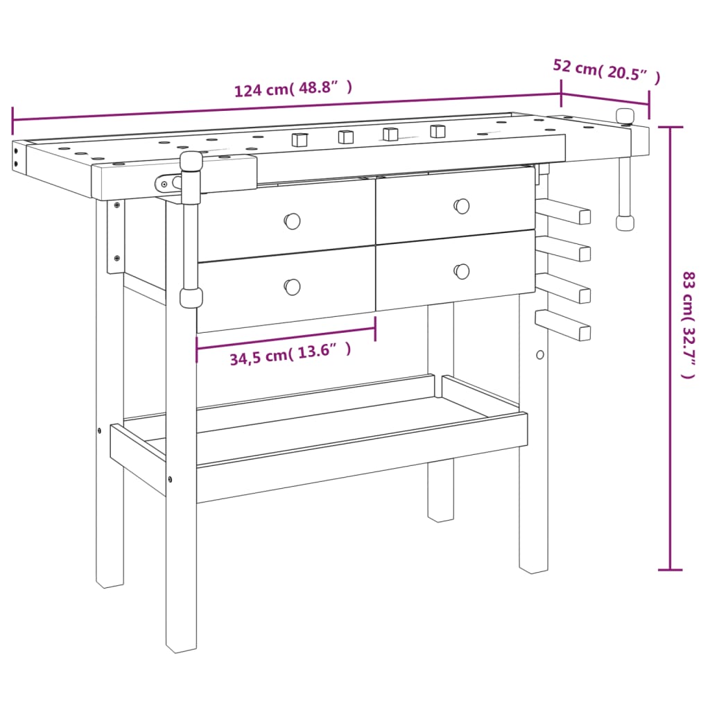 vidaXL Πάγκος Εργασίας με Συρτάρια/Μέγγενες 124x52x83 εκ. Μασίφ Ακακία