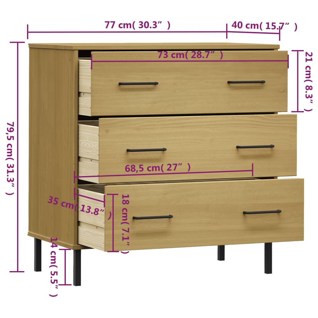 vidaXL Ντουλάπι OSLO με 3 Συρτάρια Καφέ 77 x 40 x 79,5 εκ. Μασίφ Ξύλο