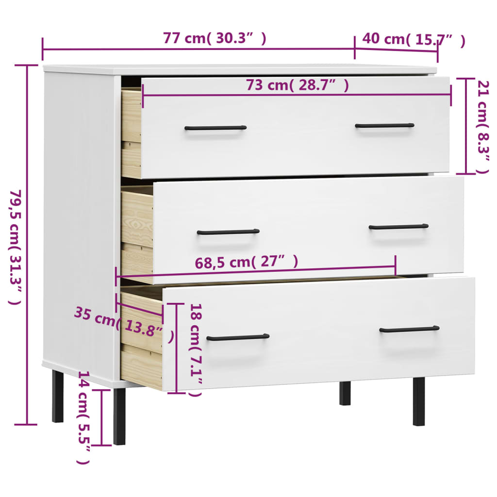 vidaXL Ντουλάπι OSLO με 3 Συρτάρια Λευκό 77x40x79,5 εκ. Μασίφ Ξύλο