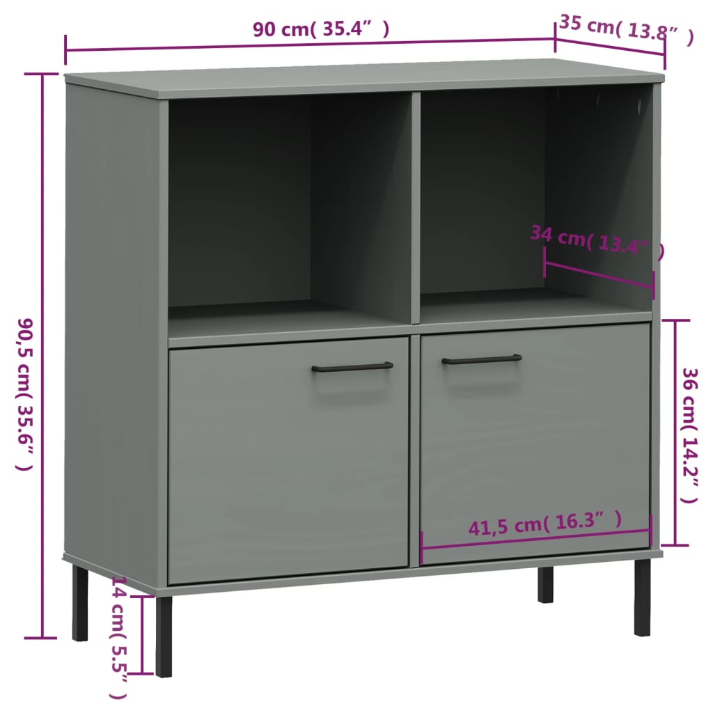 vidaXL Βιβλιοθήκη OSLO Γκρι 90x35x90,5 εκ. Μασίφ Ξύλο με Μετ. Πόδια