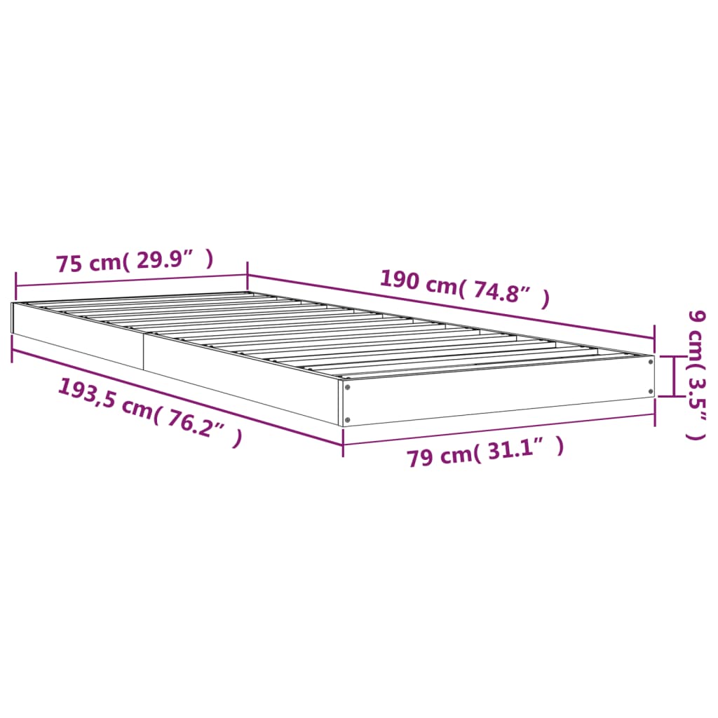 vidaXL Πλαίσιο Κρεβατιού Λευκό 75 x 190 εκ. Μασίφ Πεύκο Small Single