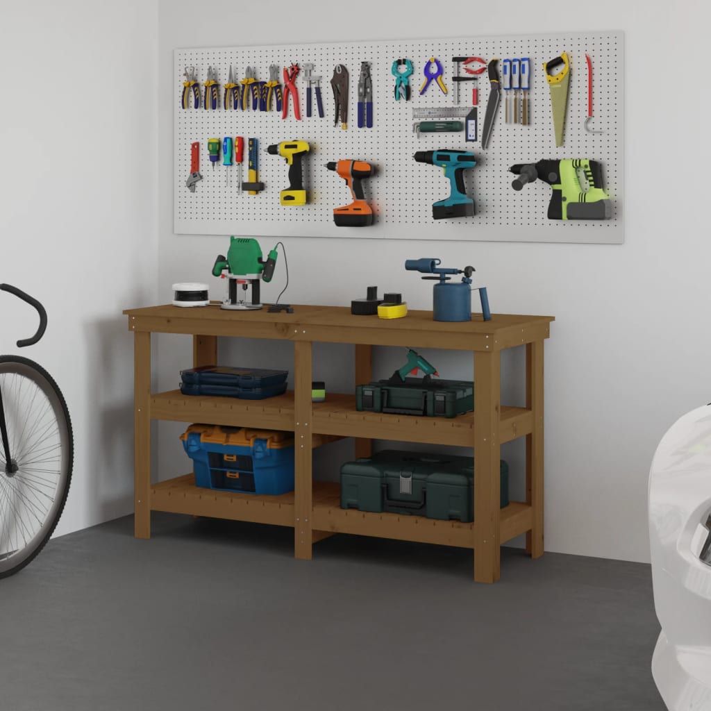 vidaXL Πάγκος Εργασίας Μελί Καφέ 142,5 x 50 x 80 εκ. Μασίφ Ξύλο Πεύκου