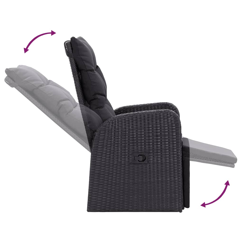 vidaXL Καρέκλες Κήπου Ανακλιν. 2 τεμ. Μαύρο Συνθ. Ρατάν με Μαξιλάρια