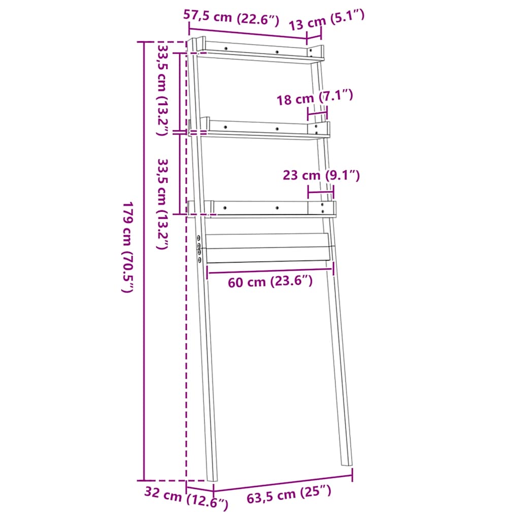 vidaXL Ραφιέρα Για Τουαλέτα Γκρι 63,5x32x179 εκ. Μασίφ Ξύλο Πεύκου