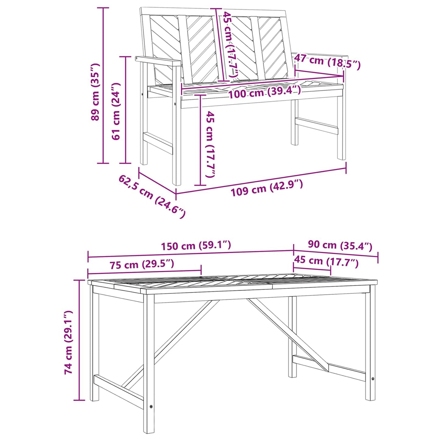 vidaXL Σέτ φαγητού για κήπο 3 τμχ. Καφέ 150 x 90 x 74 cm