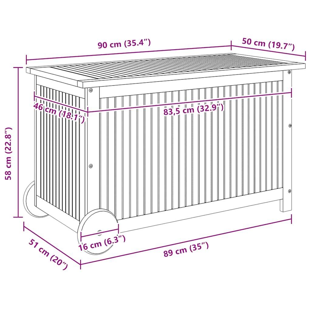 vidaXL Μπαούλο Αποθήκευσης Κήπου με Ρόδες 90x50x58 εκ. Μασίφ Ακακία