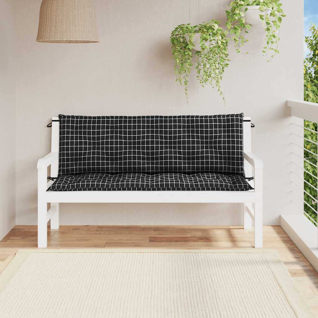 vidaXL Μαξιλάρια Πάγκου Κήπου 2 τεμ. Μαύρο Καρό 150x50x7 εκ. Ύφασμα