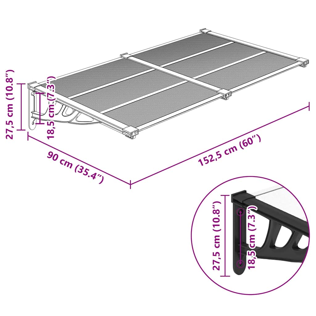 vidaXL Στέγαστρο Πόρτας Μαύρο & Διαφανές 152,5x90 εκ από Πολυκαρβονικό