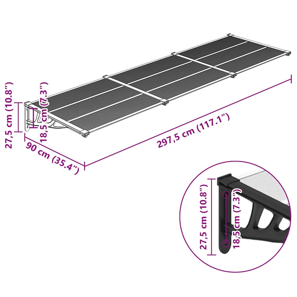 vidaXL Στέγαστρο Πόρτας Μαύρο & Διαφανές 297,5x90 εκ από Πολυκαρβονικό