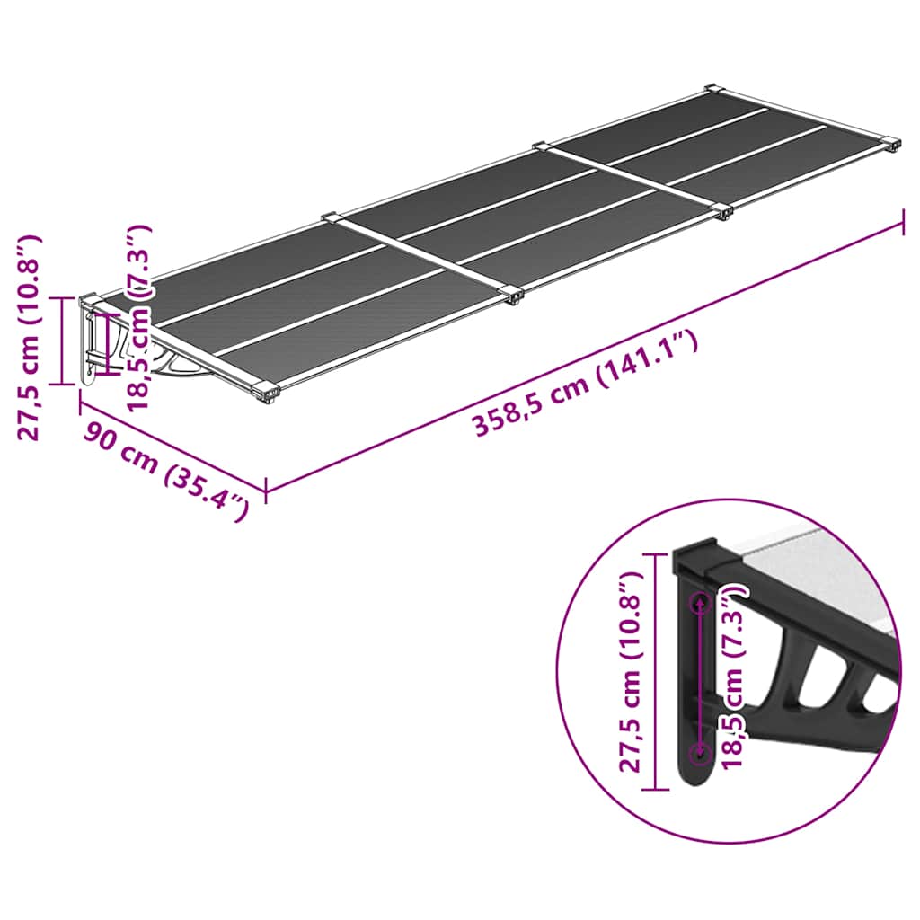 vidaXL Στέγαστρο Πόρτας Μαύρο & Διαφανές 358,5x90 εκ από Πολυκαρβονικό