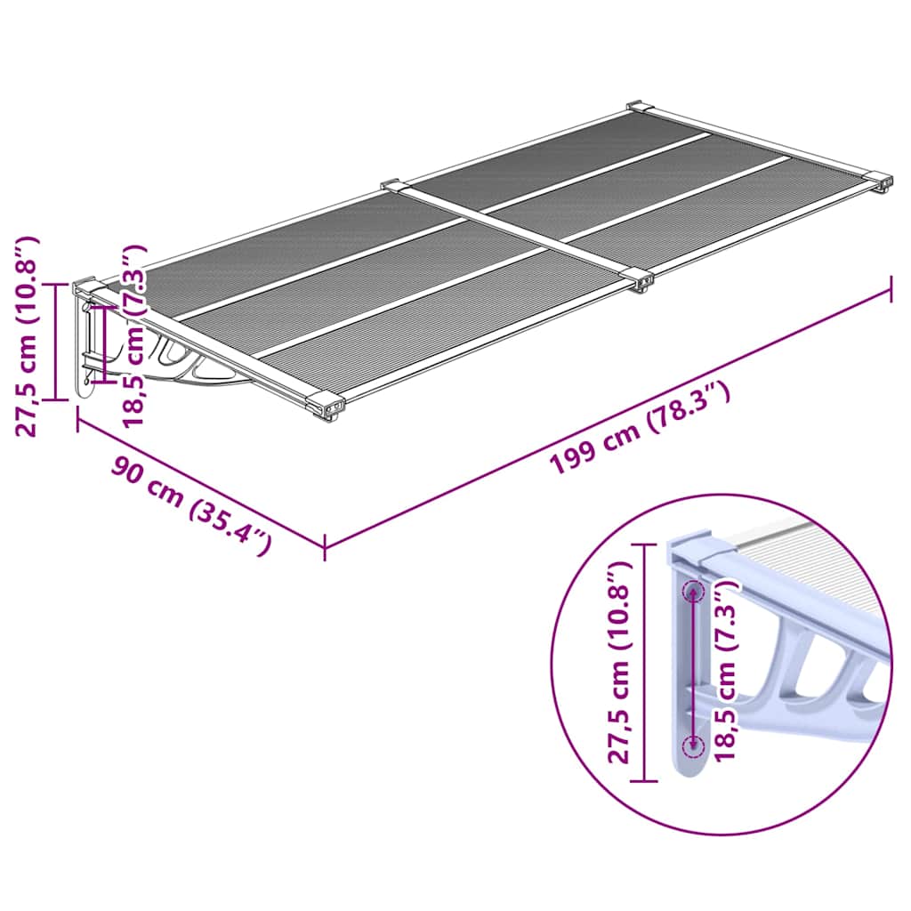 vidaXL Στέγαστρο Πόρτας Γκρι & Διαφανές 199x90 εκ από Πολυκαρβονικό