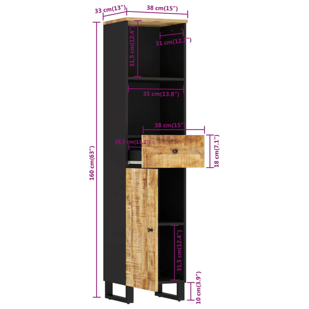 vidaXL Ντουλάπι Μπάνιου 38 x 33 x 160 εκ. από Μασίφ Ξύλο Μάνγκο