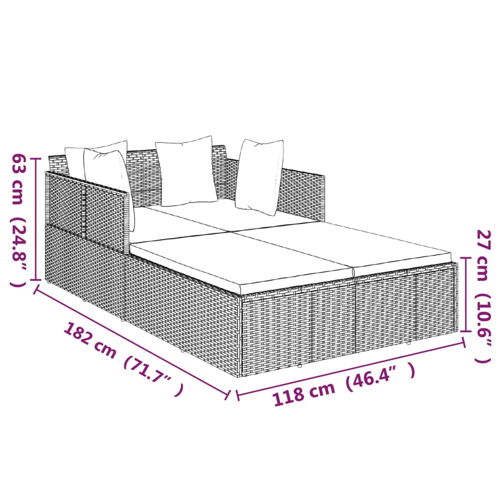 vidaXL Ξαπλώστρα Μαύρη 182 x 118 x 63 εκ. Συνθετικό Ρατάν με Μαξιλάρια