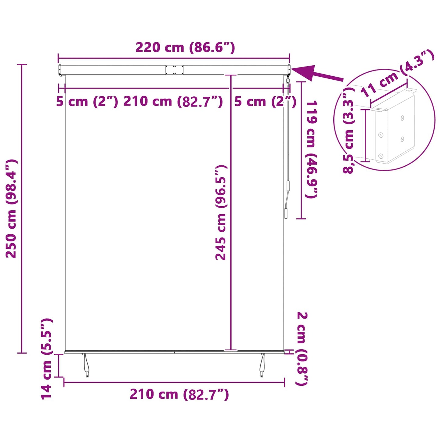 vidaXL Ρόλερ Μπλε και άσπρο 200 x 250 εκ. Ύφασμα και Αλουμίνιο