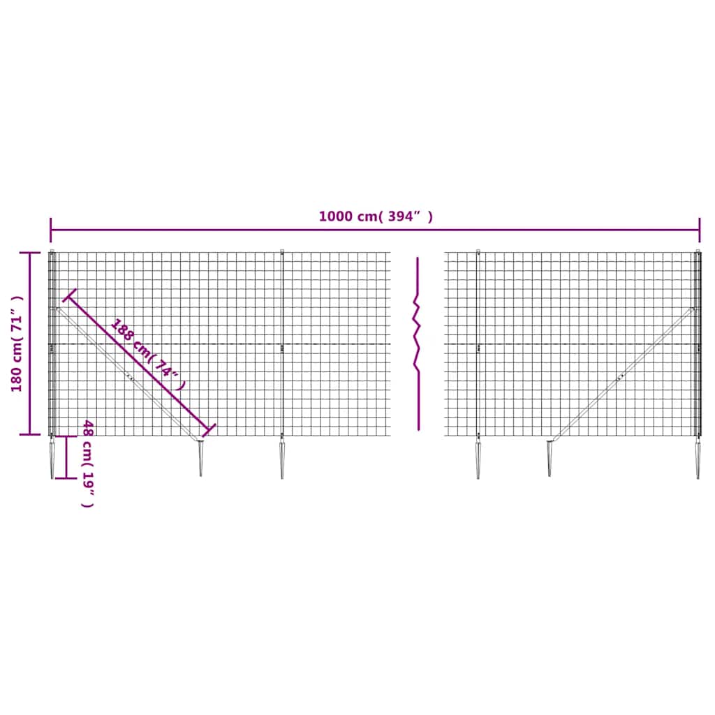vidaXL Συρματόπλεγμα Περίφραξης Ανθρακί 1,8 x 10 μ. με Καρφωτές Βάσεις