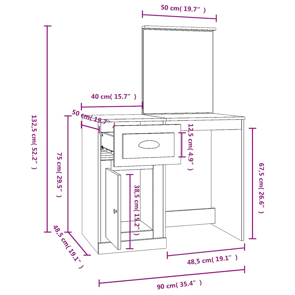 vidaXL Μπουντουάρ με Καθρέφτη Μαύρο 90x50x132,5 εκ. Επεξ. Ξύλο