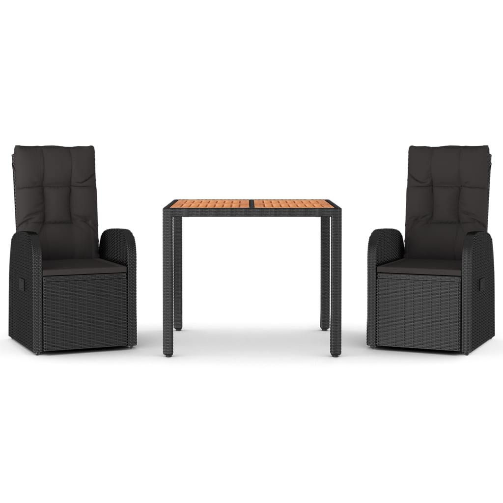 vidaXL Σετ Τραπεζαρίας Κήπου 3 τεμ. Μαύρο Συνθετικό Ρατάν με Μαξιλάρια