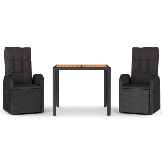 vidaXL Σετ Τραπεζαρίας Κήπου 3 τεμ. Μαύρο Συνθετικό Ρατάν με Μαξιλάρια