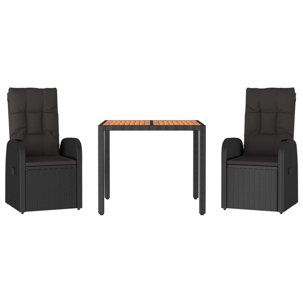 vidaXL Σετ Τραπεζαρίας Κήπου 3 τεμ. Μαύρο Συνθετικό Ρατάν με Μαξιλάρια