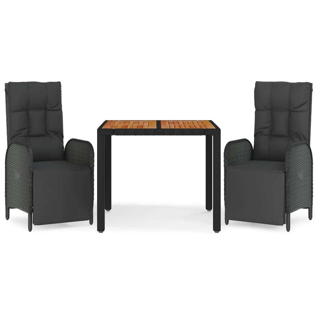 vidaXL Σετ Τραπεζαρίας Κήπου 3 τεμ. Μαύρο Συνθετικό Ρατάν με Μαξιλάρια