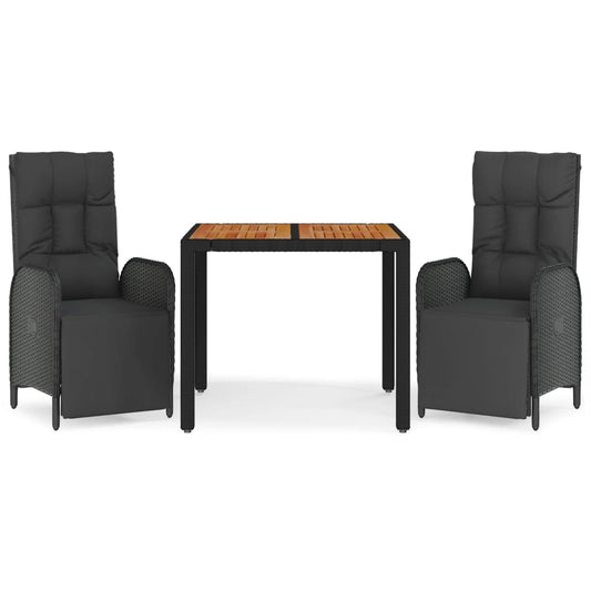 vidaXL Σετ Τραπεζαρίας Κήπου 3 τεμ. Μαύρο Συνθετικό Ρατάν με Μαξιλάρια