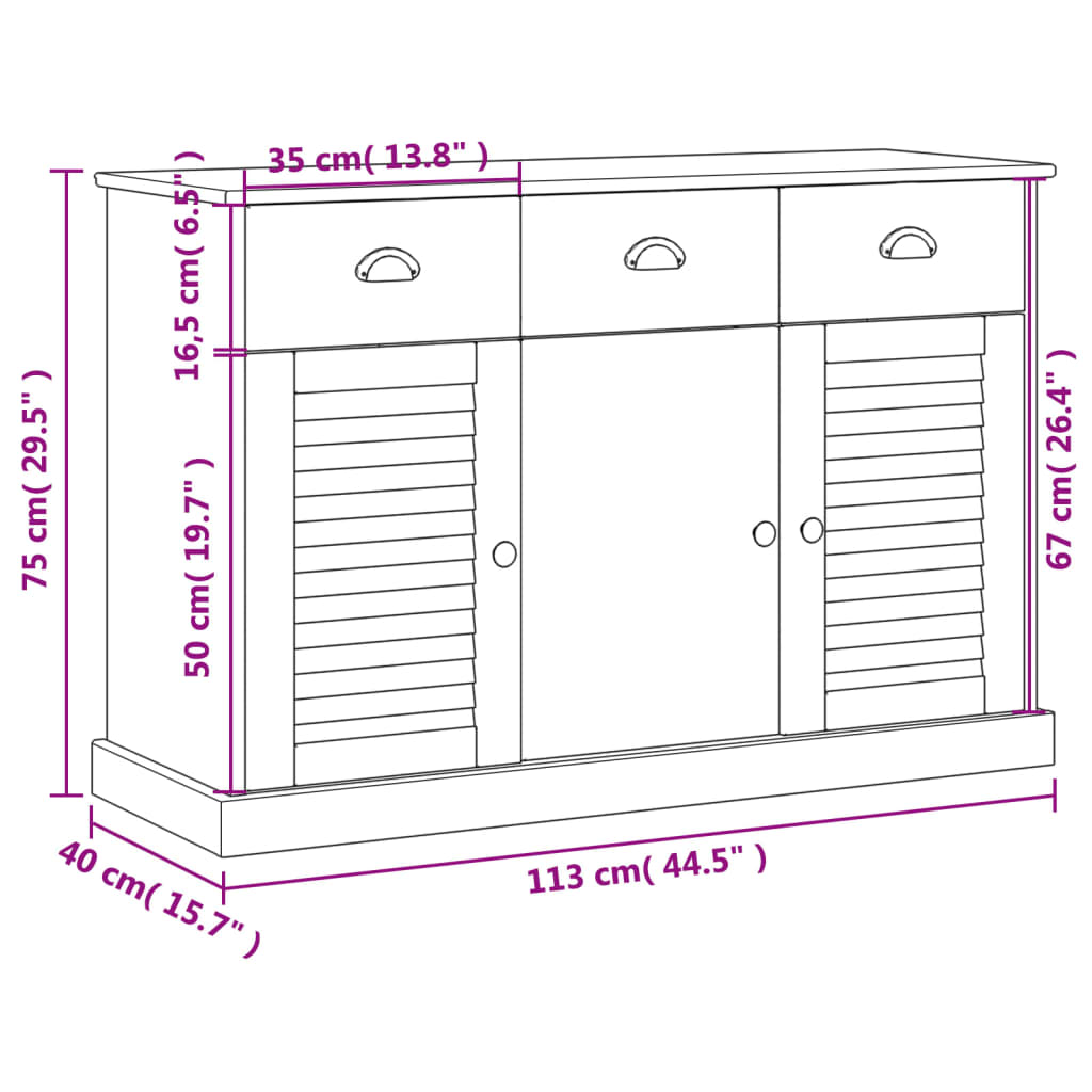 vidaXL Μπουφές με Συρτάρια VIGO 113 x 40 x 75 εκ. Μασίφ Ξύλο Πεύκο