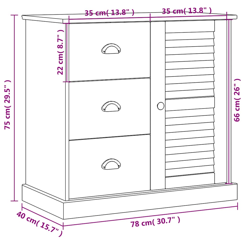 vidaXL Ντουλάπι με Συρτάρια VIGO Λευκό 78x40x75 εκ. Μασίφ Ξύλο Πεύκου