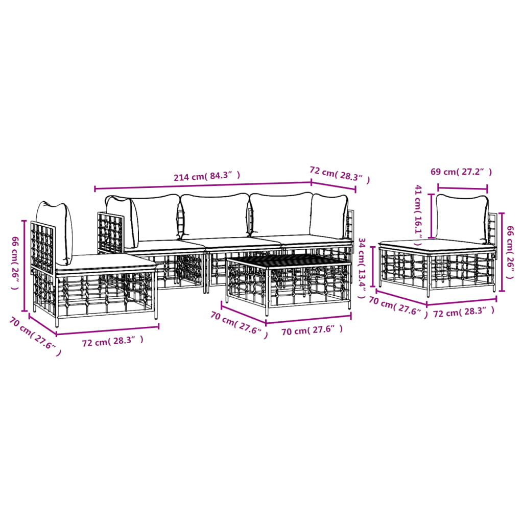 vidaXL Σαλόνι Κήπου Σετ 6 Τεμαχίων Ανθρακί Συνθετικό Ρατάν & Μαξιλάρια
