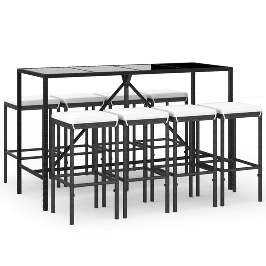 vidaXL Σετ Μπαρ Κήπου 9 Τεμαχίων Μαύρο Συνθετικό Ρατάν με Μαξιλάρια