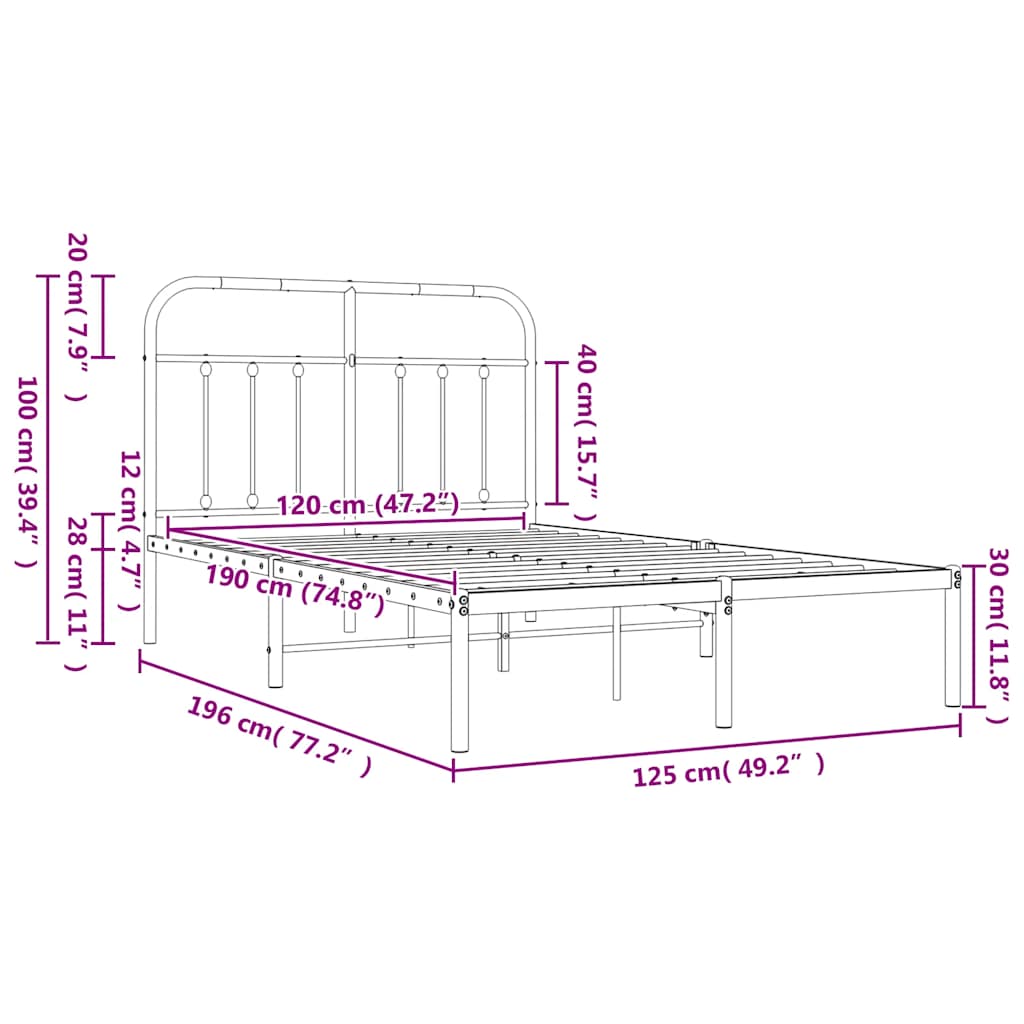 vidaXL Πλαίσιο Κρεβατιού με Κεφαλάρι Μαύρο 120 x 190 εκ. Μεταλλικό