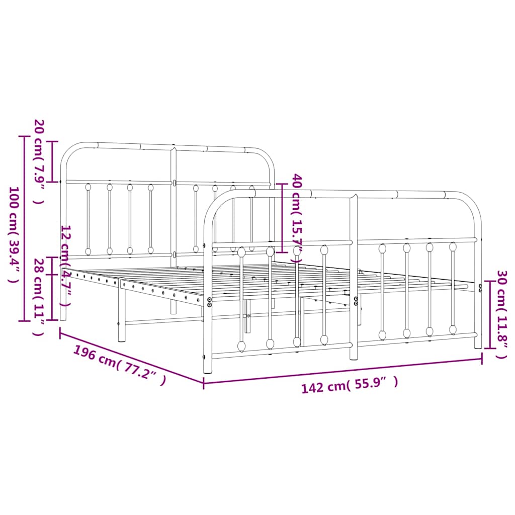 vidaXL Πλαίσιο Κρεβατιού με Κεφαλάρι&Ποδαρικό Μαύρο 135x190εκ. Μέταλλο
