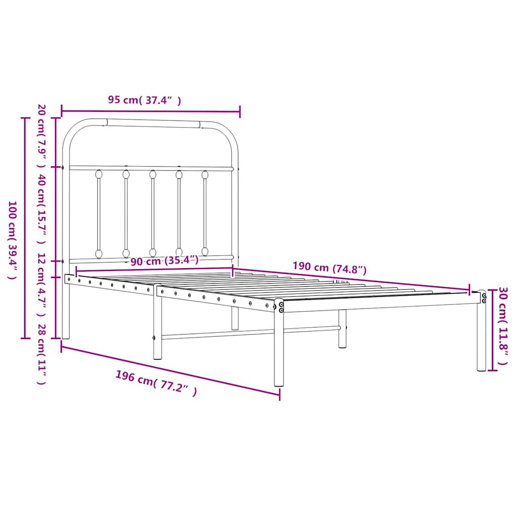 vidaXL Πλαίσιο Κρεβατιού με Κεφαλάρι/Ποδαρικό Λευκό 90x190 εκ. Μέταλλο