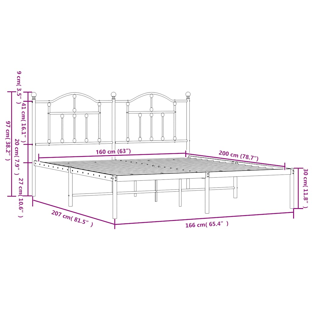 vidaXL Πλαίσιο Κρεβατιού με Κεφαλάρι Μαύρο 160 x 200 εκ. Μεταλλικό