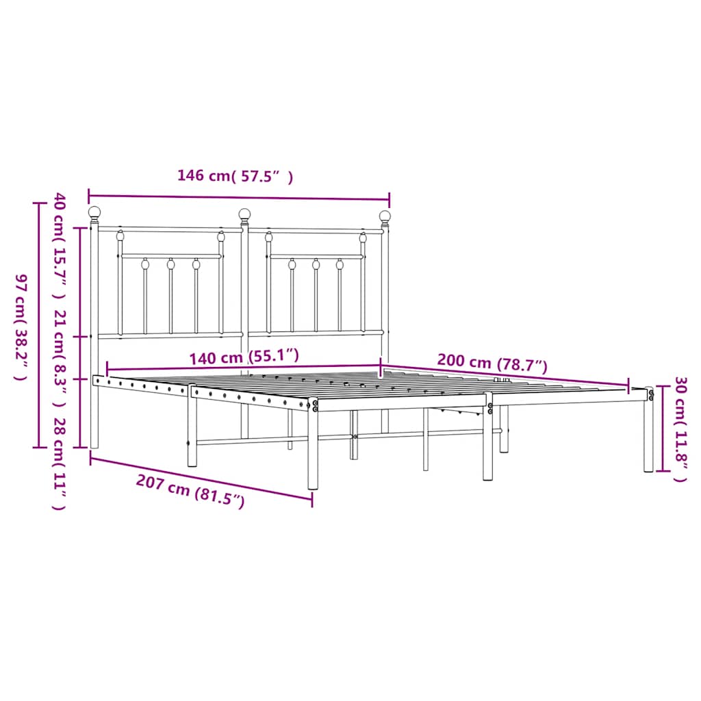vidaXL Πλαίσιο Κρεβατιού με Κεφαλάρι Μαύρο 140 x 200 εκ. Μεταλλικό