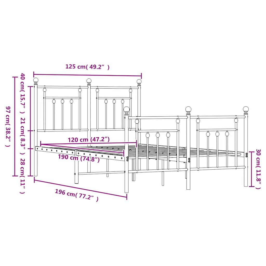 vidaXL Πλαίσιο Κρεβατιού με Κεφαλάρι&Ποδαρικό Μαύρο 120x190εκ. Μέταλλο
