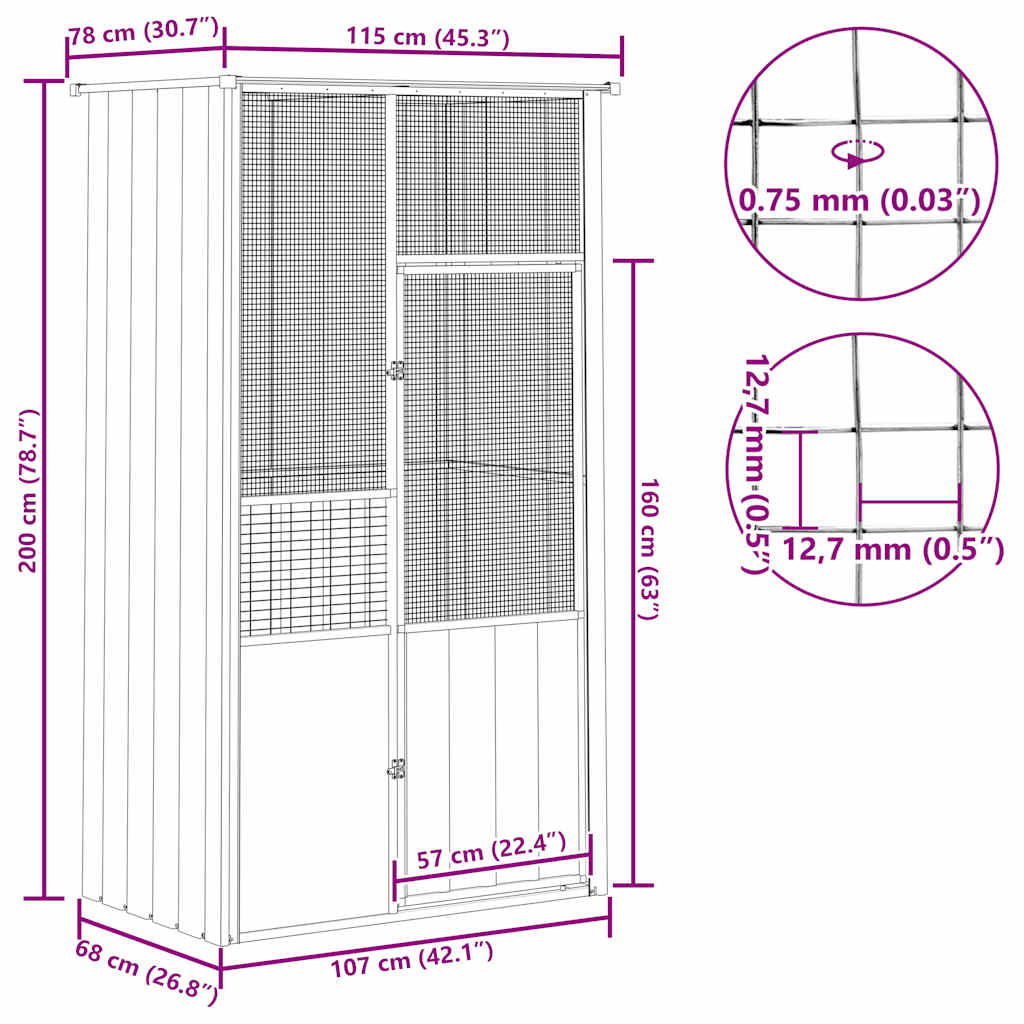 vidaXL Κλουβί Πουλιών Γκρι 115x78x200 εκ. από Γαλβανισμένο Χάλυβα