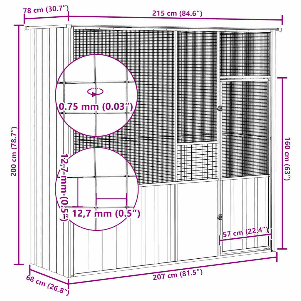 vidaXL Κλουβί Πουλιών Ανθρακί 215x78x200 εκ. από Γαλβανισμένο Χάλυβα