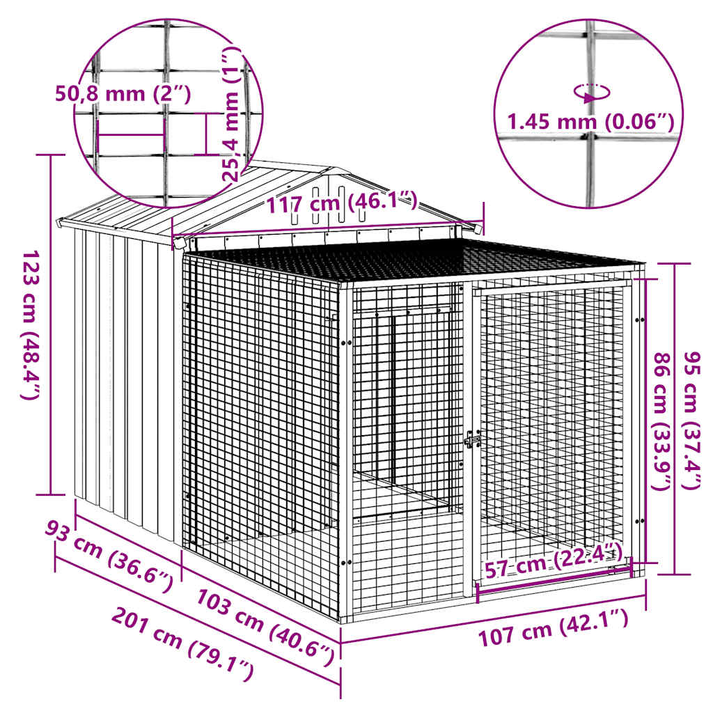 vidaXL Κλουβί Κοτόπουλων με Διάδρομο Ανθρακί 117x201x123 εκ. από Γαλβανισμένο Ατσάλι
