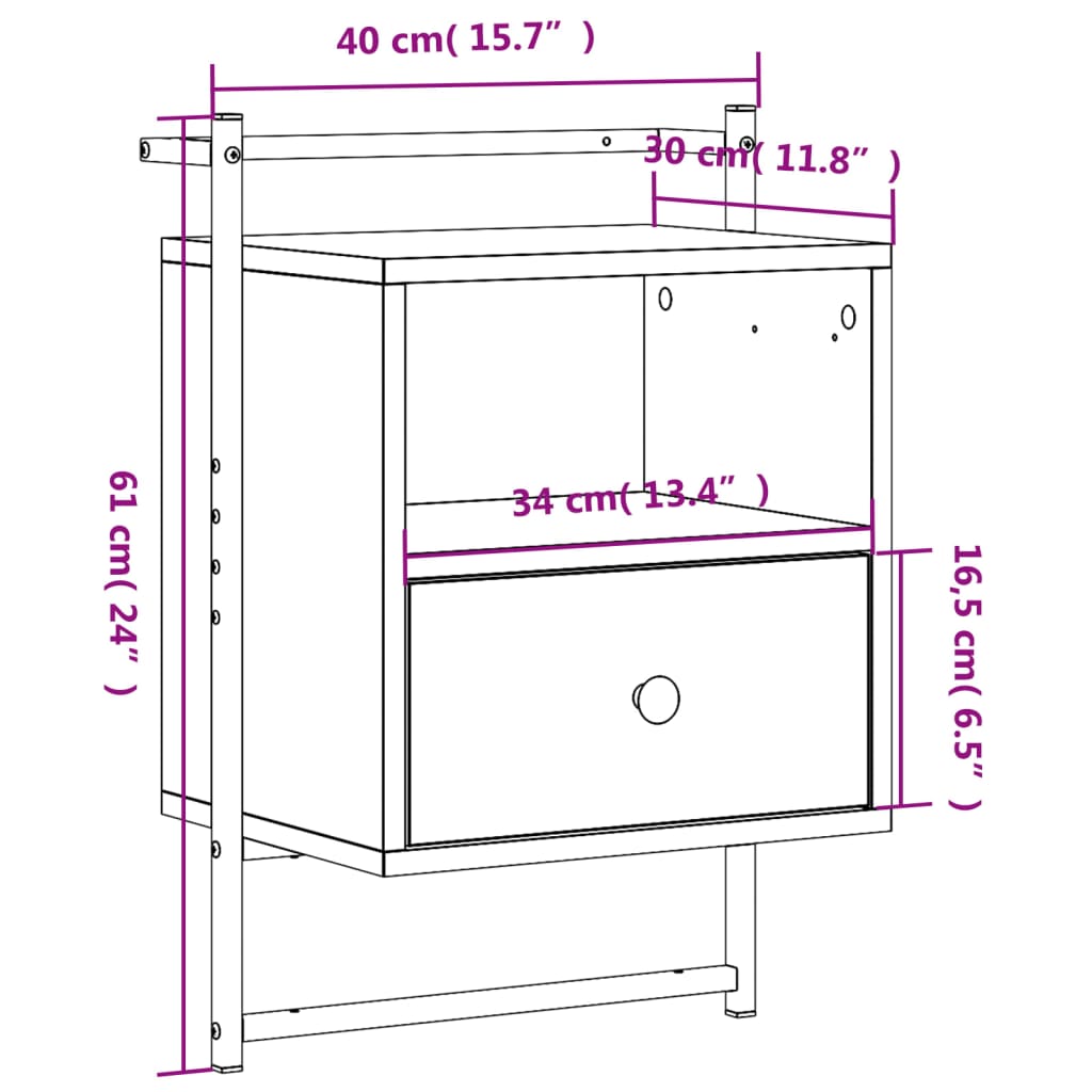 vidaXL Κομοδίνο Επιτοίχιο Καφέ Δρυς 40x30x61 εκ. από Επεξεργ. Ξύλο