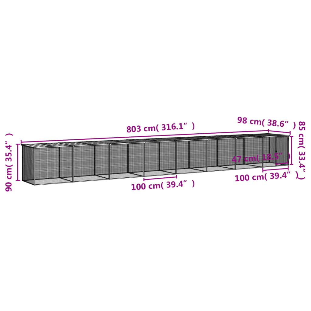 vidaXL Κοτέτσι - Κλουβί με Στέγη Αν. Γκρι 803x98x90 εκ. Γαλβαν. Ατσάλι
