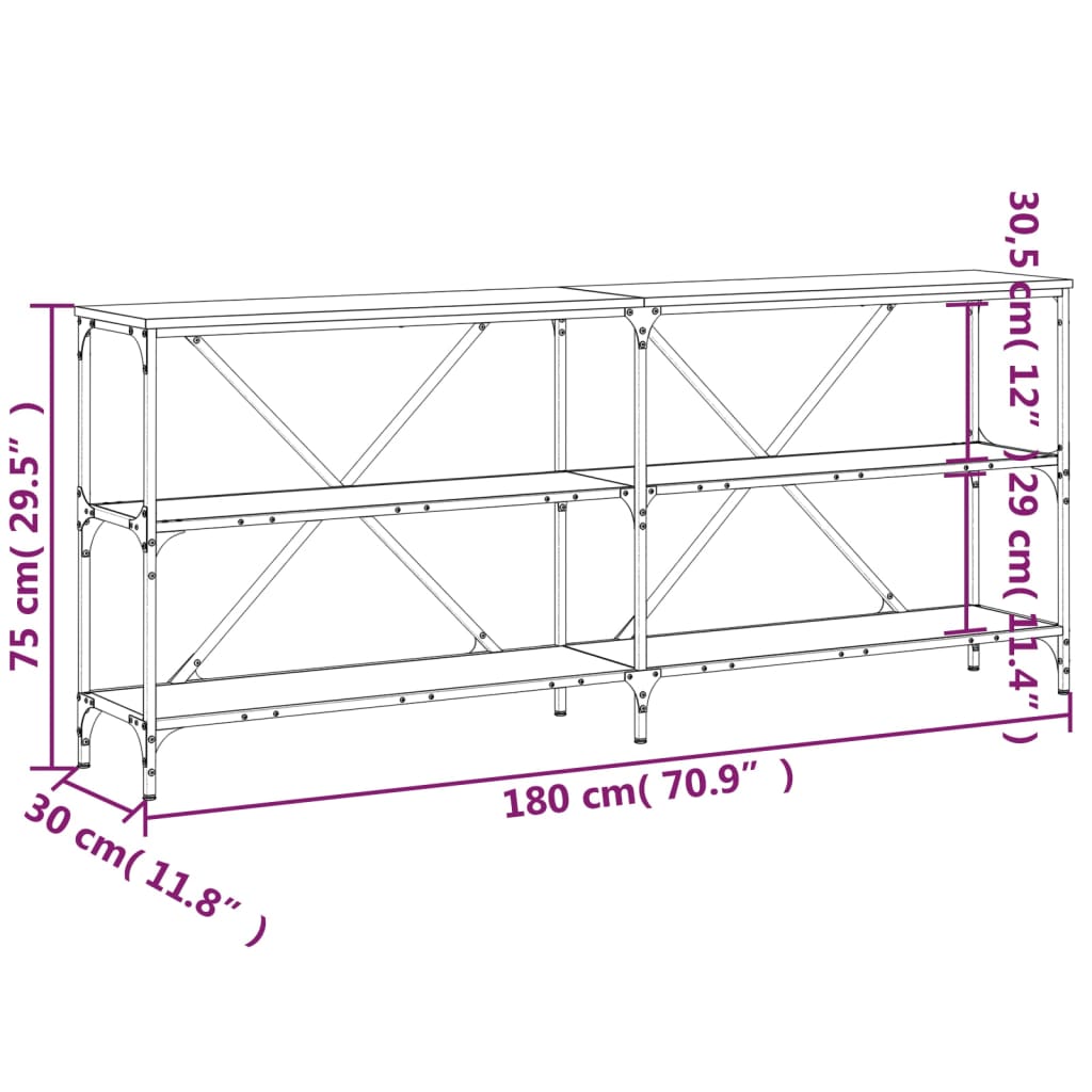 vidaXL Τραπέζι Κονσόλα Καπνιστή Δρυς 180x30x75 εκ. Επεξ. Ξύλο/Σίδηρος