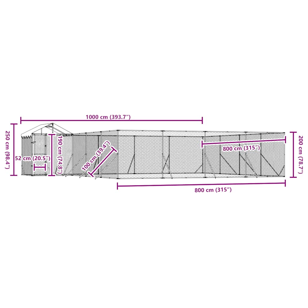 vidaXL Κλουβί Σκύλου Εξ. Χώρου με Οροφή Ασημί 10x8x2,5 μ. Γαλβ. Ατσάλι