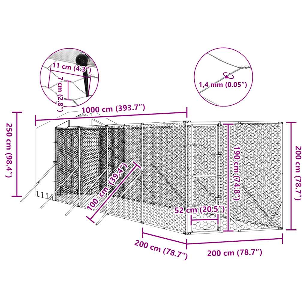 vidaXL Κλουβί Σκύλου Εξ. Χώρου με Οροφή Ασημί 2x10x2,5 μ. Γαλβ. Ατσάλι