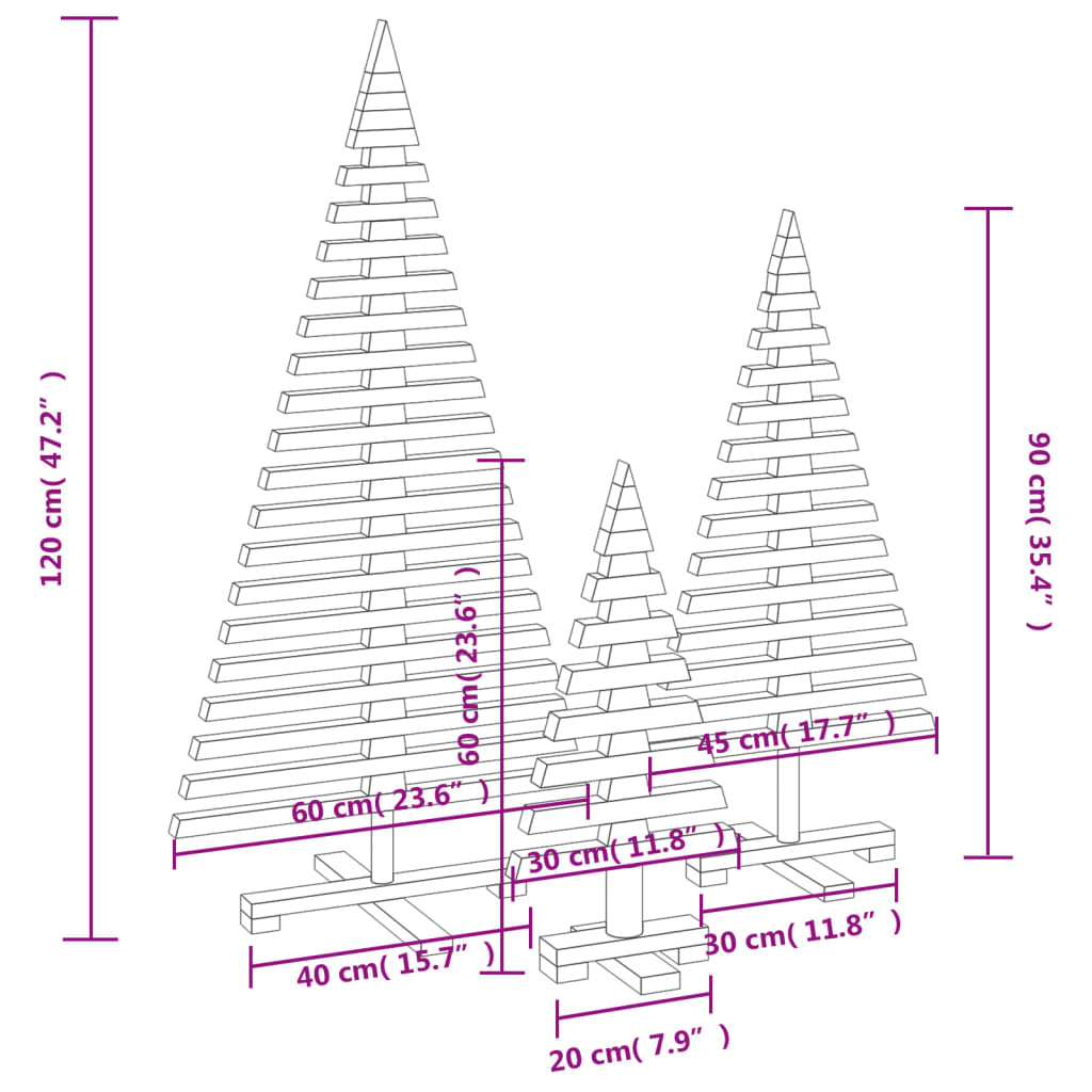 vidaXL Χριστουγεννιάτικα Δέντρα Ξύλινα Διακόσμηση 3Τεμ από Μασίφ Πεύκο