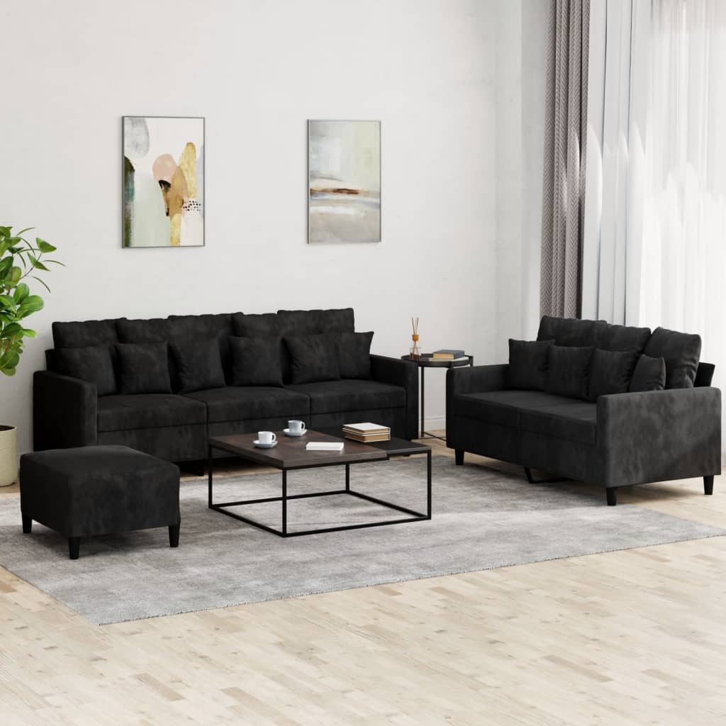 vidaXL Σετ Σαλονιού 3 Τεμαχίων Μαύρο από Βελούδο με Μαξιλάρια