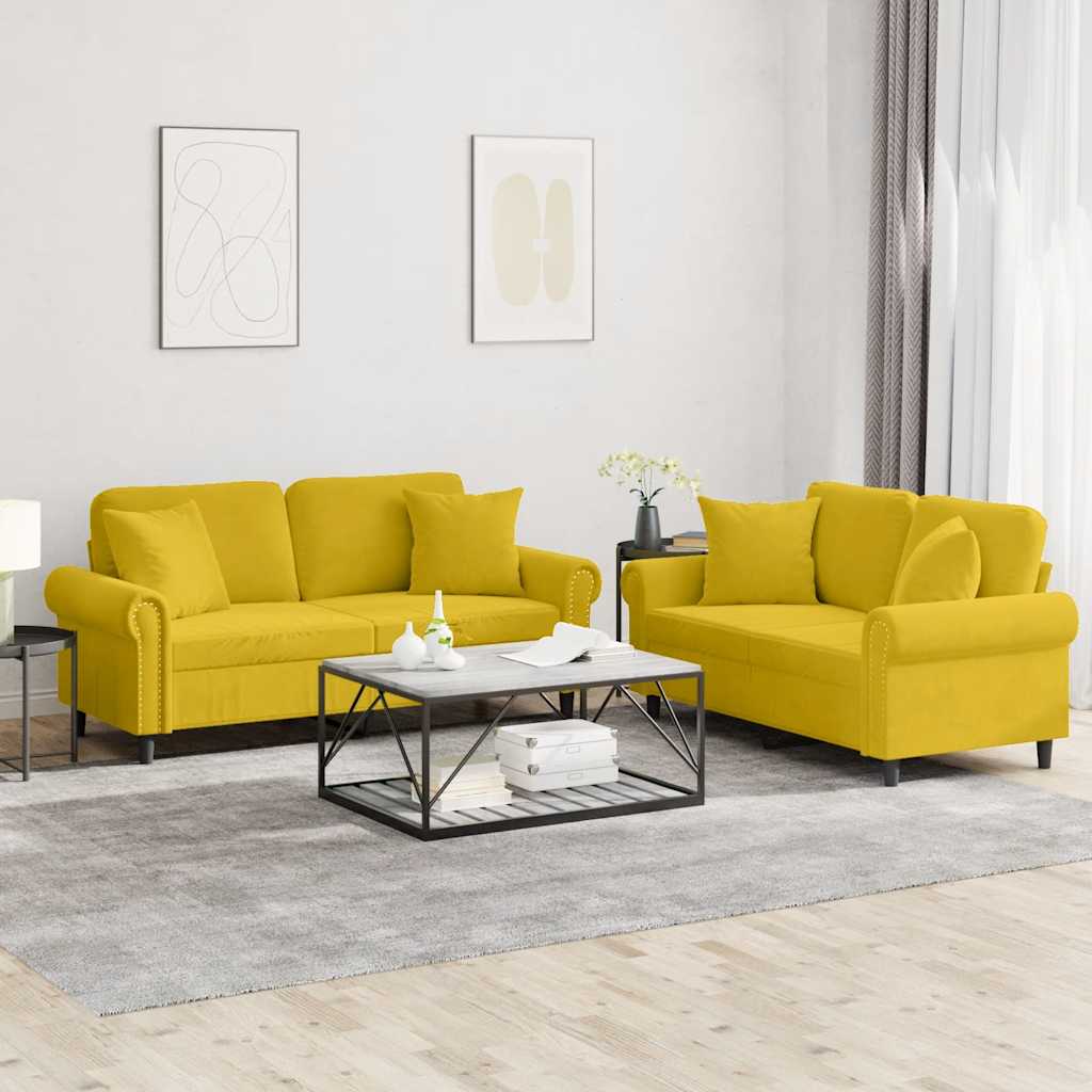 vidaXL Σαλόνι Σετ 2 Τεμαχίων Κίτρινο από Βελούδο με Μαξιλάρια