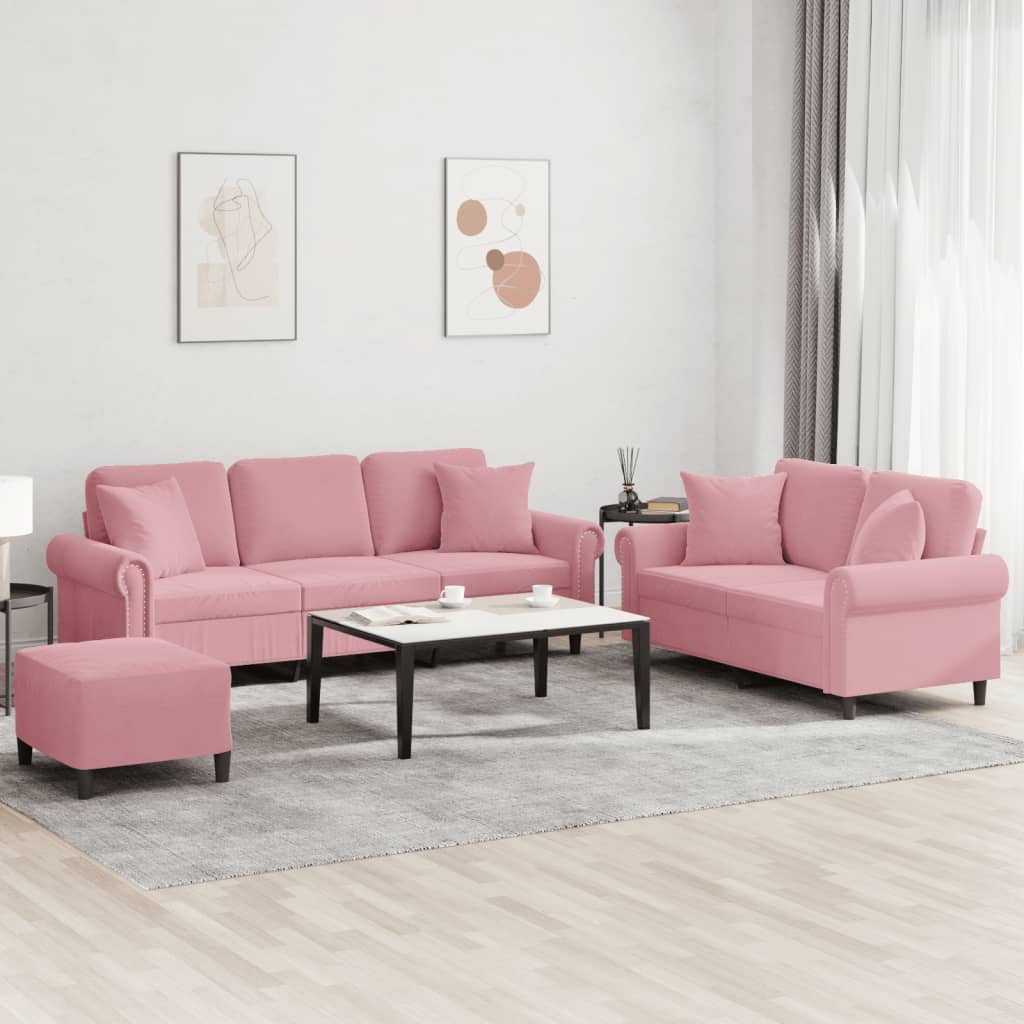 vidaXL Σαλόνι Σετ 3 Τεμαχίων Ροζ από Βελούδο με Μαξιλάρια
