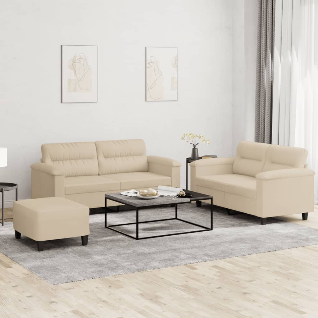 vidaXL Σετ Σαλονιού 3 Τεμαχίων Κρεμ από Ύφασμα Μικροϊνών με Μαξιλάρια