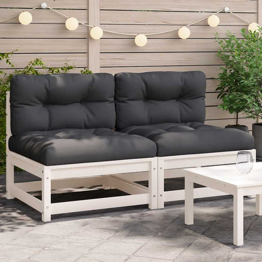 vidaXL Καναπέδες Κήπου Χωρίς Μπράτσα 2Τεμ Λευκοί Μασίφ Πεύκο+Μαξιλάρια