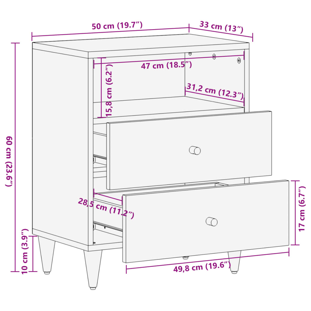 vidaXL Κομοδίνο 50 x 33 x 60 εκ. από Μασίφ Ξύλο Μάνγκο